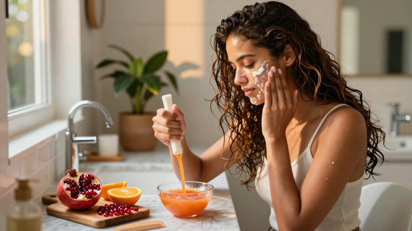 Mulher aplicando máscara facial caseira com frutas em uma cozinha iluminada pela manhã.