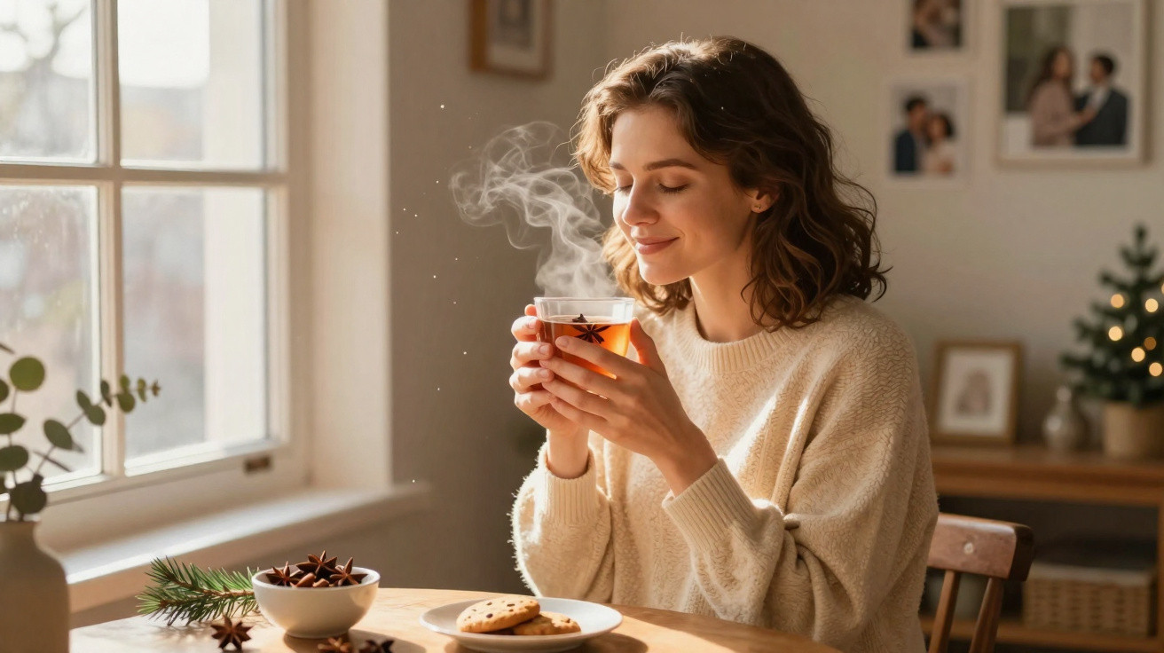 Mulher sorrindo segurando xícara de chá quente em canto iluminado por janela, com biscoitos à frente.