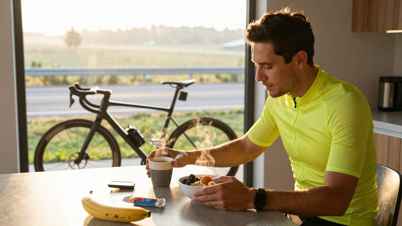 Homem de camiseta amarela tomando café da manhã com bicicleta ao fundo em ambiente iluminado pela manhã.