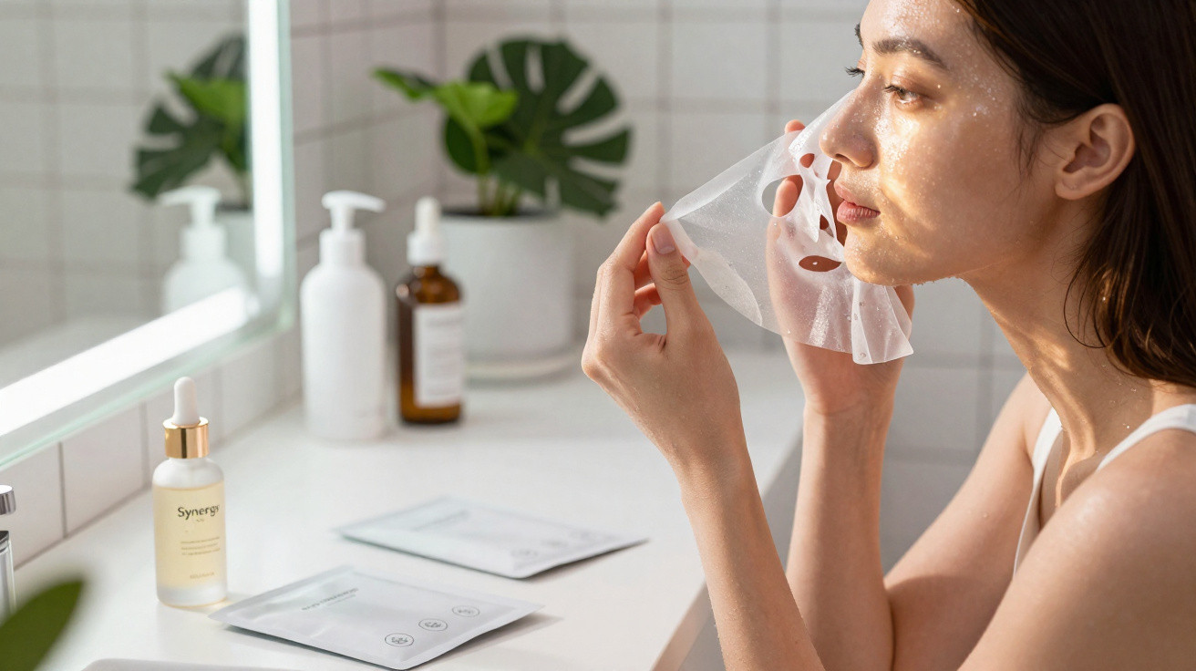 Mulher aplicando máscara facial de tecido em banheiro com produtos de skincare sobre bancada branca.