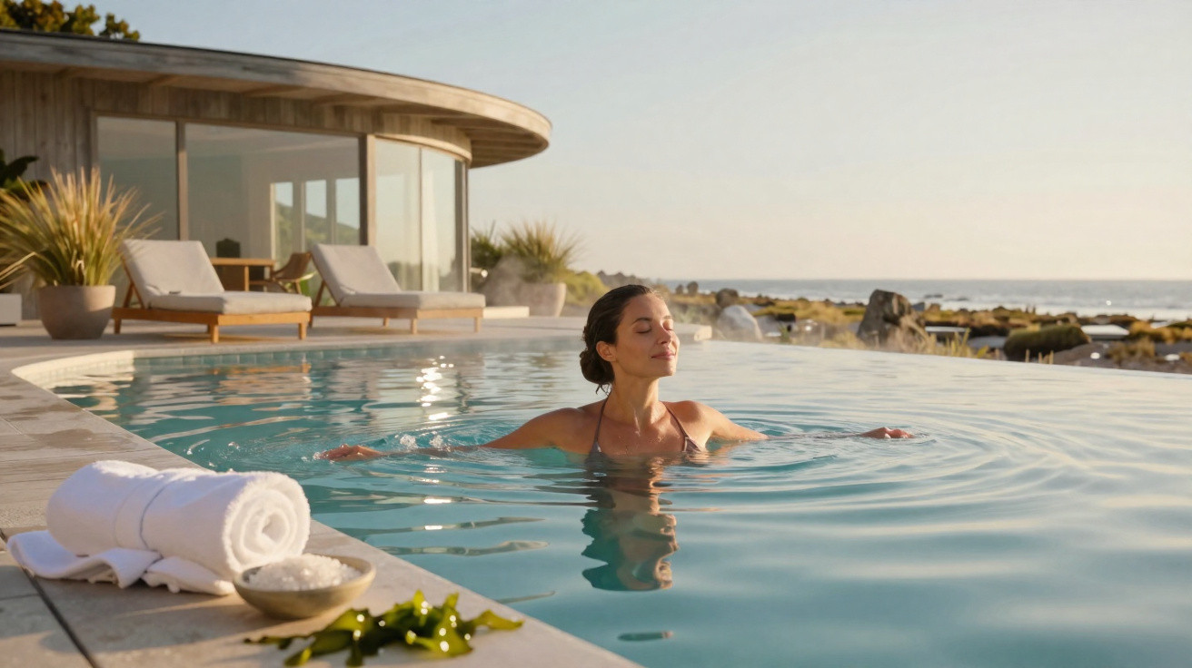 Mulher relaxando em piscina ao ar livre com vista para o mar e casa moderna ao fundo ao entardecer.