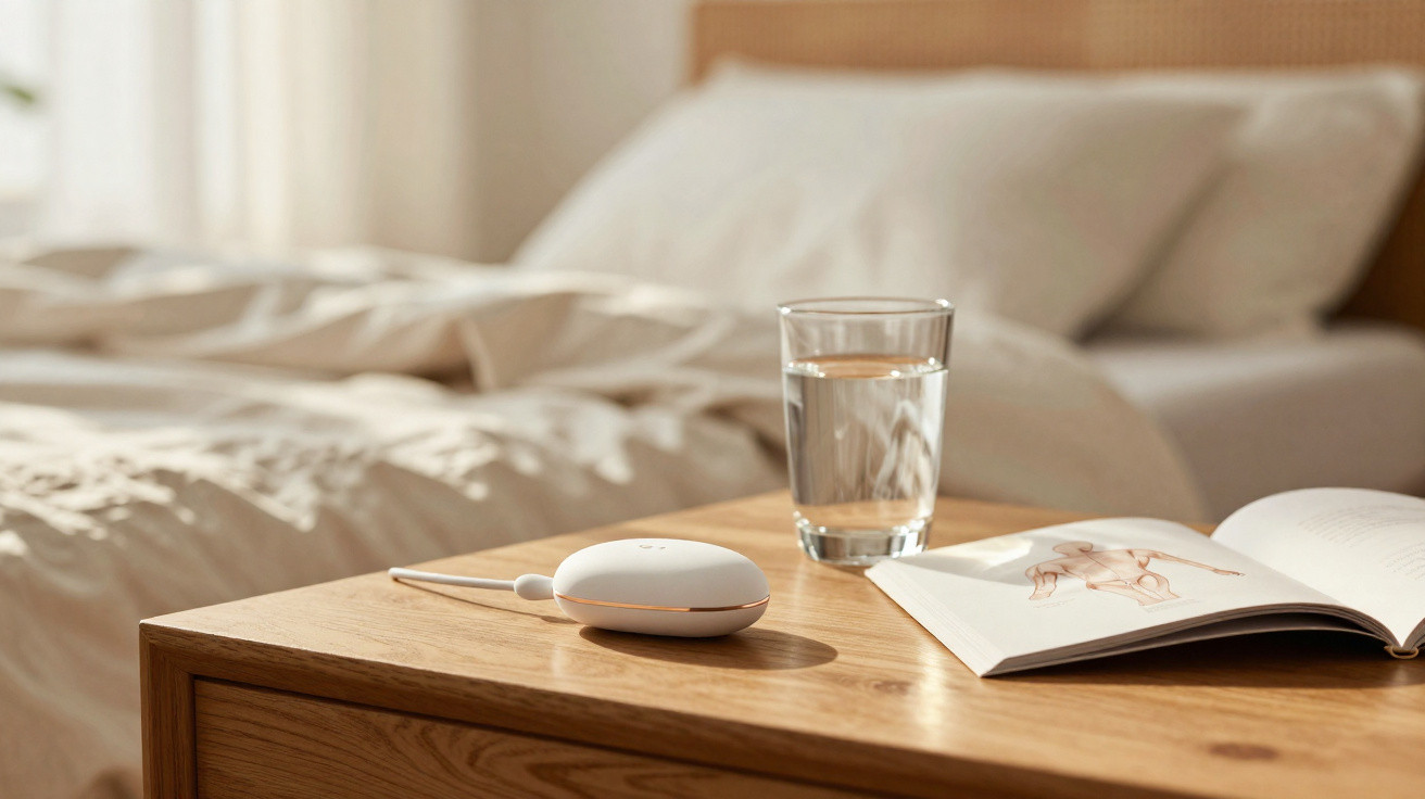 Copo de água, livro aberto e aparelho eletrônico branco sobre mesa de madeira ao lado da cama.