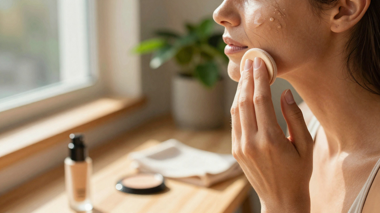 Mulher aplicando base facial com esponja em ambiente iluminado por luz natural junto à janela.