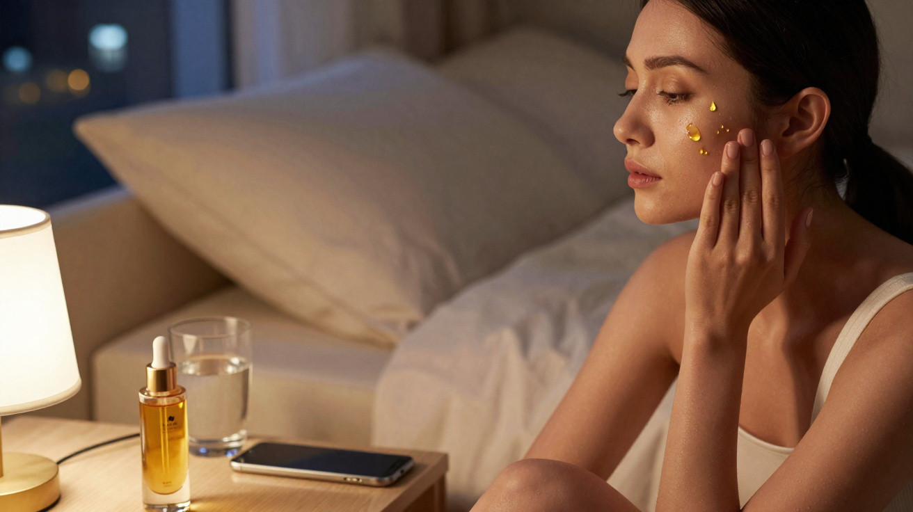 Mulher aplicando sérum facial dourado no rosto ao lado de uma cama durante a noite.
