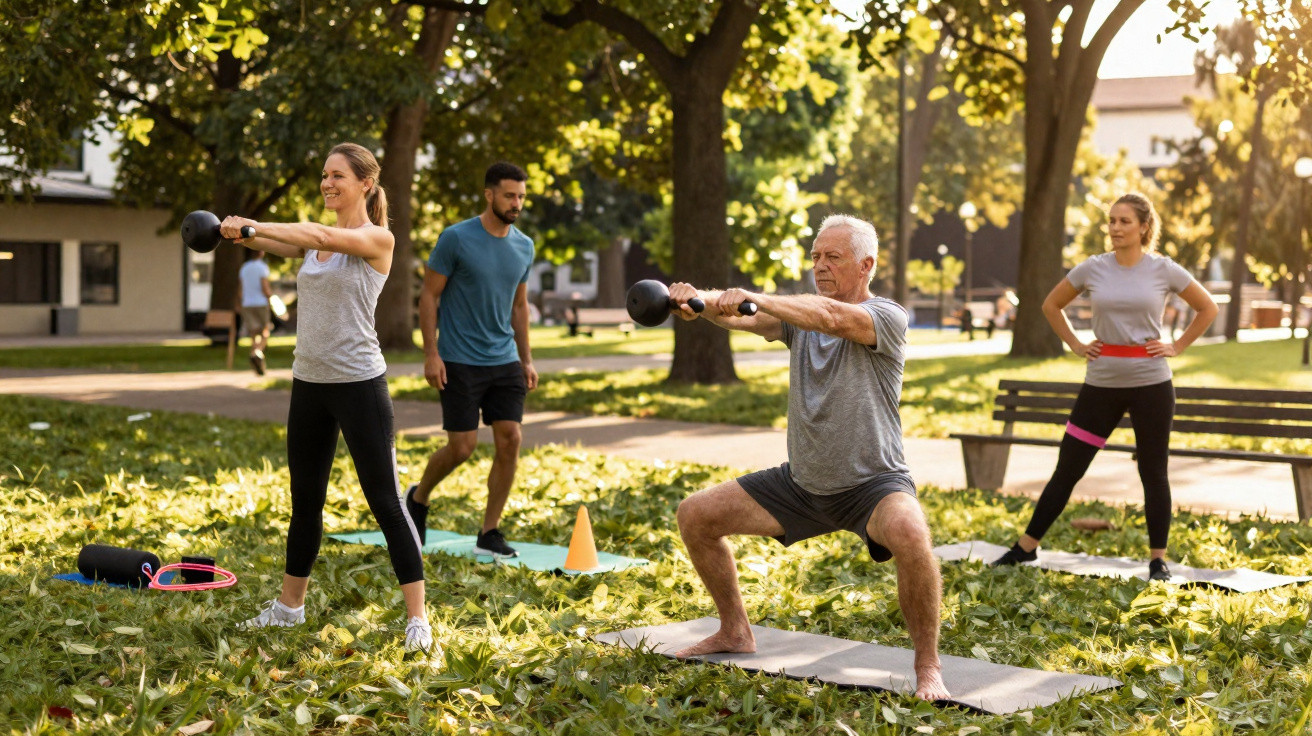 Grupo diverso praticando exercícios com kettlebell ao ar livre em parque iluminado pelo sol.