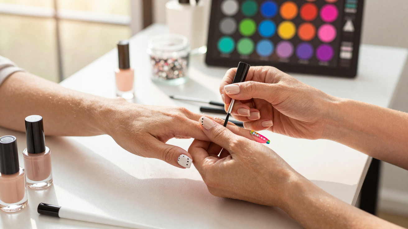 Pessoa fazendo decoração de unhas com esmalte colorido em salão de beleza.