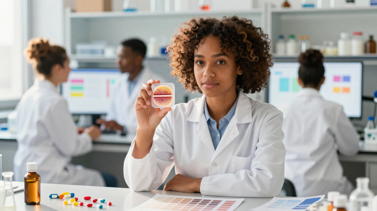 Cientista segura placa de Petri com cultura bacteriana, em laboratório com colegas ao fundo.