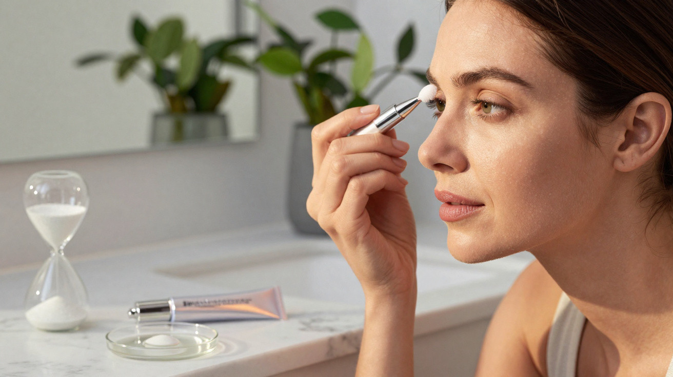 Mulher aplicando creme ao redor dos olhos com aplicador em ambiente claro e plantas ao fundo.