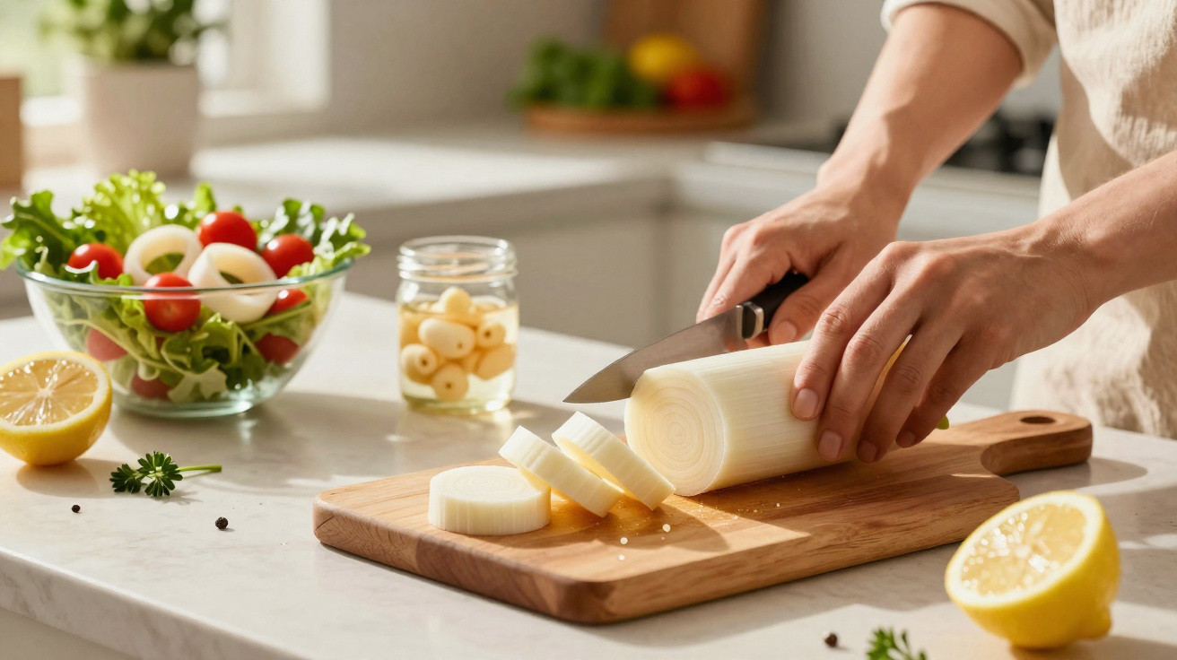 Pessoa cortando alho-poró em fatias em tábua de corte com salada e limão na bancada da cozinha.