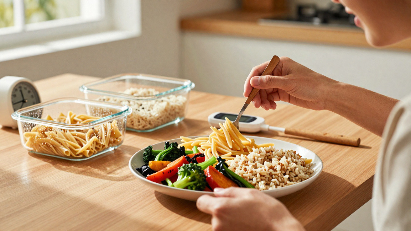 Pessoa segurando prato com arroz integral, macarrão e legumes variados à mesa de madeira.