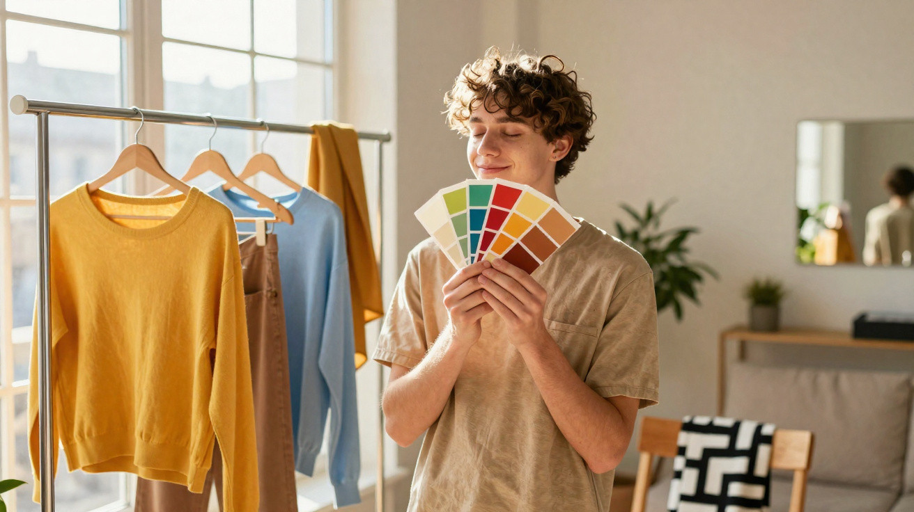 Jovem segurando paleta de cores em ambiente claro com roupas penduradas e decoração moderna ao fundo.