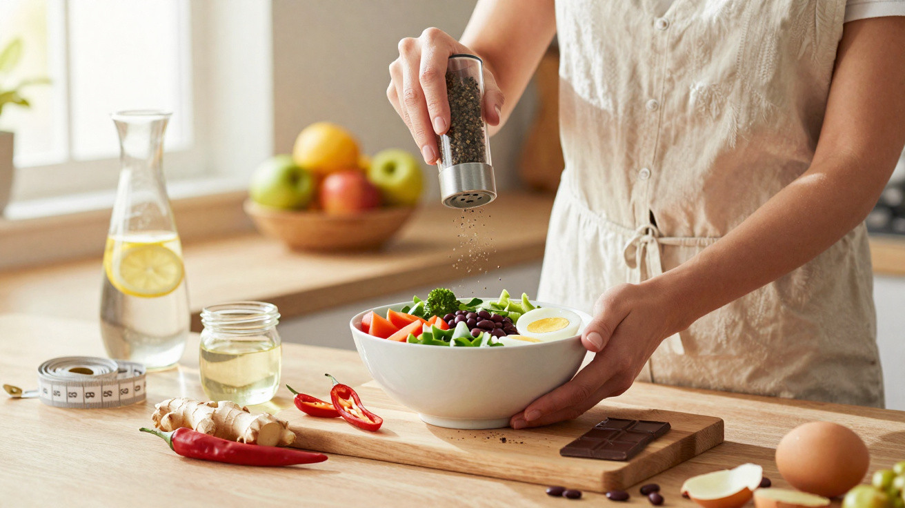 Pessoa temperando salada saudável com pimenta em cozinha com ingredientes naturais ao redor.