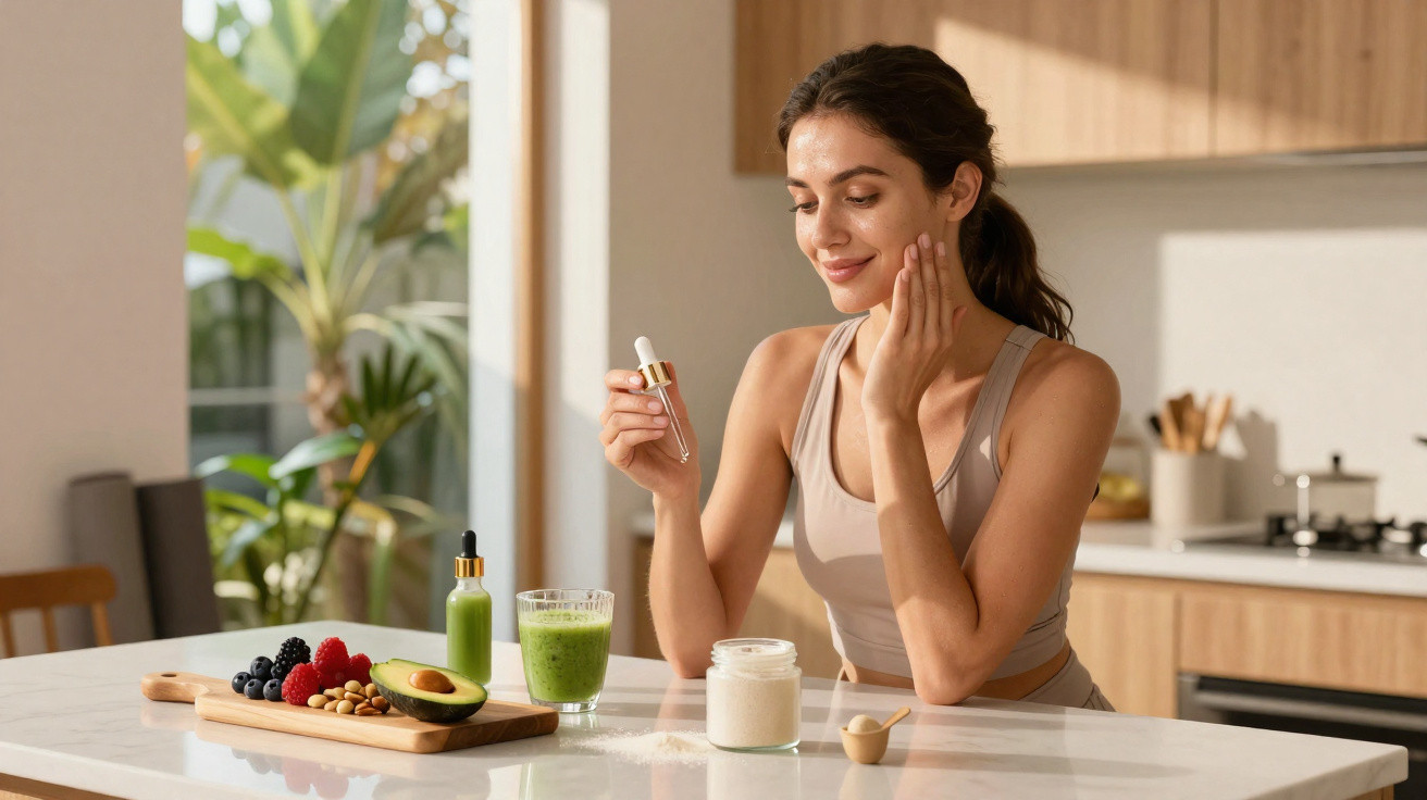 Mulher aplicando óleo facial com alimentos saudáveis e smoothie verde sobre mesa na cozinha.