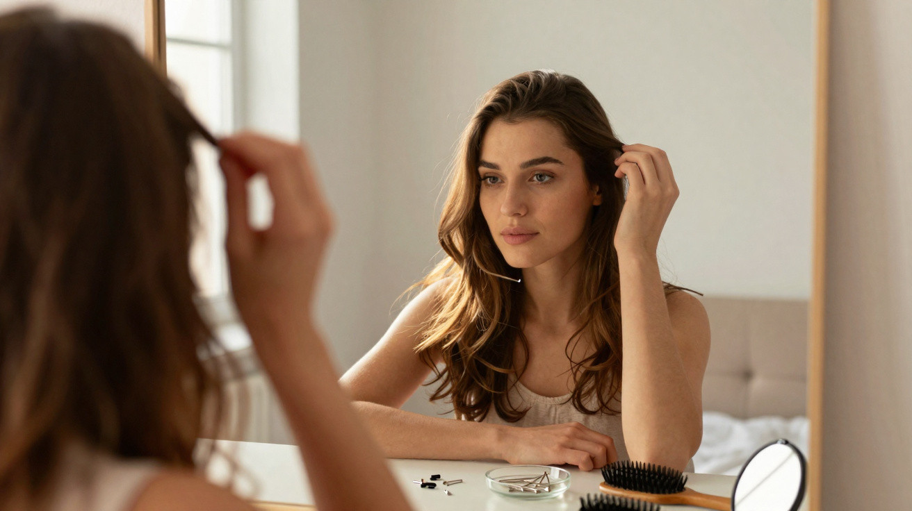 Mulher jovem arrumando o cabelo na frente do espelho com objetos de cabelo sobre a cômoda.