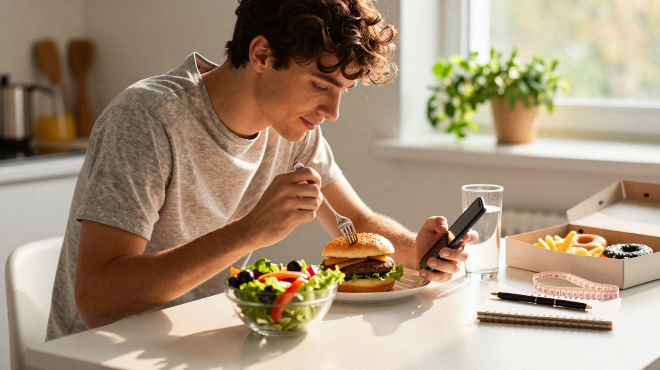 Jovem sentado à mesa com hambúrguer, salada e celular, próximo a caixa de donuts e fita métrica.