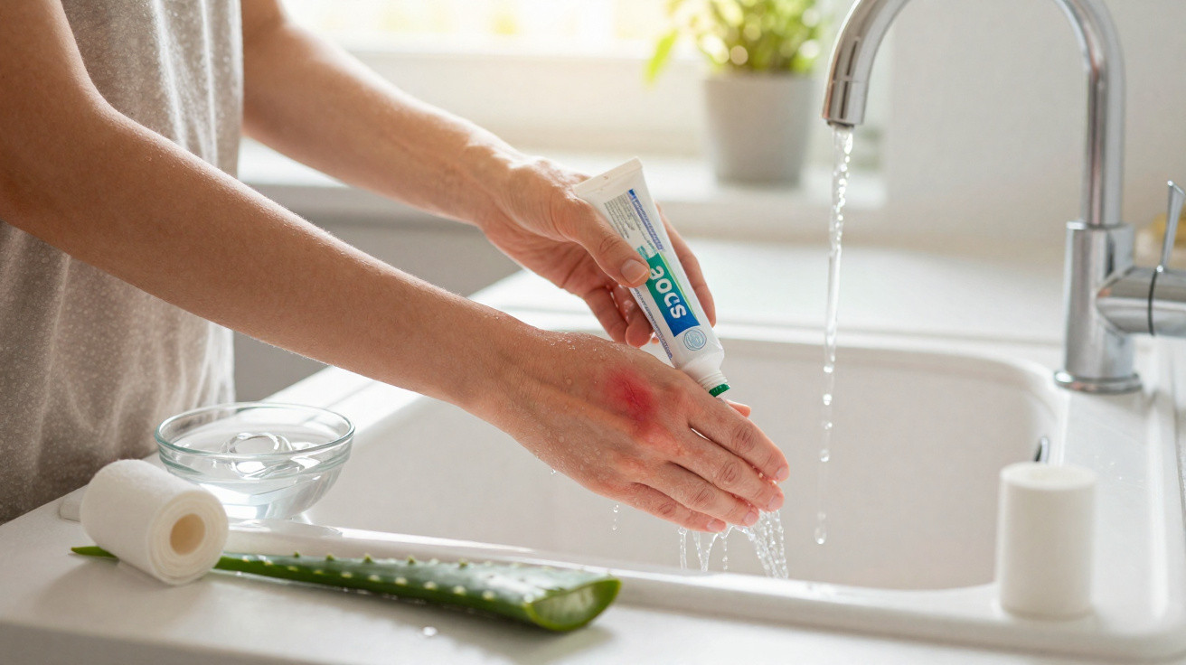 Pessoa aplicando pomada em queimadura na mão junto à pia com folha de aloe vera e utensílios de limpeza.