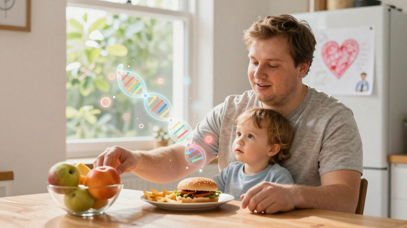 Pai e filho sentados à mesa com hambúrguer e frutas, com ilustração de fita de DNA flutuando.