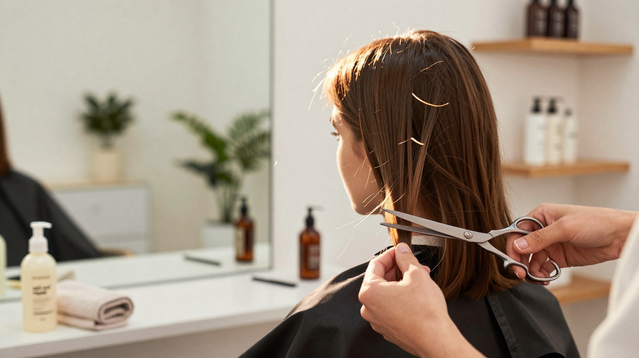 Mulher com cabelo castanho médio cortado por cabeleireiro em salão iluminado com espelho ao fundo.