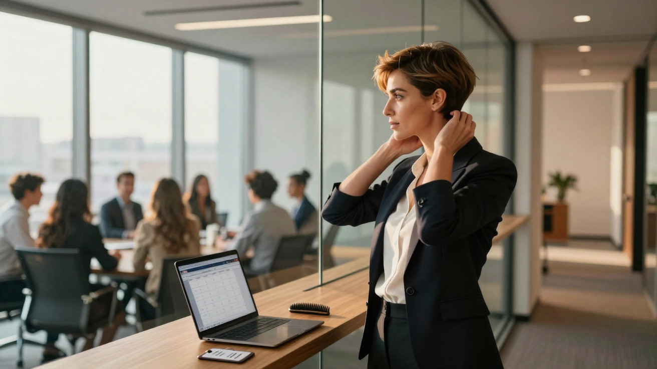 Mulher de terno observa reunião de equipe em sala de escritório moderno com laptop e celular na mesa.