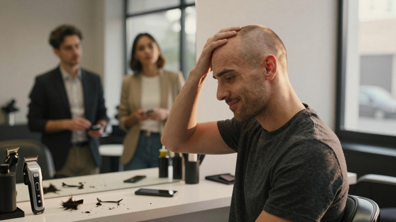 Homem careca sorrindo e tocando a cabeça sentando em cadeira de salão de beleza com duas pessoas ao fundo.