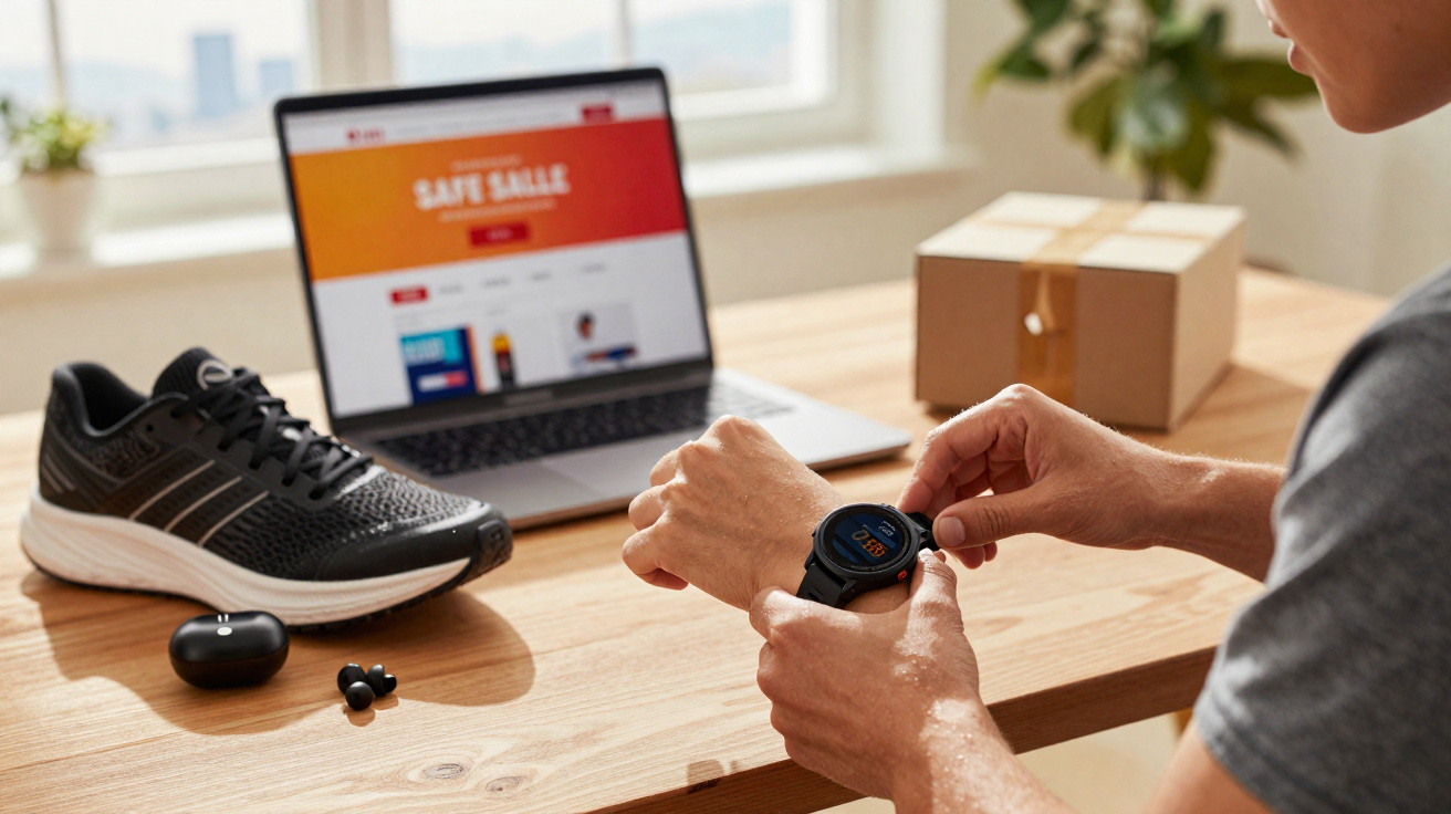 Pessoa ajustando smartwatch em mesa com tênis, fones sem fio e laptop com site de venda online aberto.