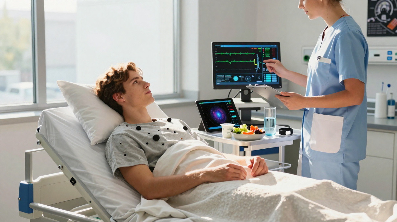 Paciente masculino deitado em leito hospitalar enquanto enfermeira verifica seus sinais vitais em monitor.