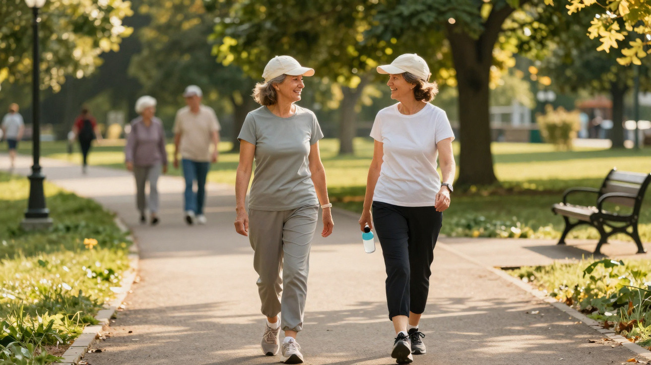 Duas mulheres sorrindo caminham em parque ensolarado, usando roupas esportivas e bonés brancos.