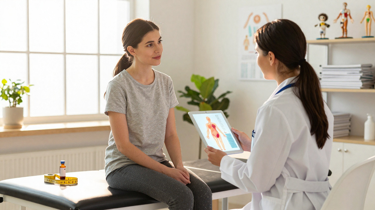 Paciente sentada na mesa de exame consulta médica com profissional usando tablet em consultório iluminado.
