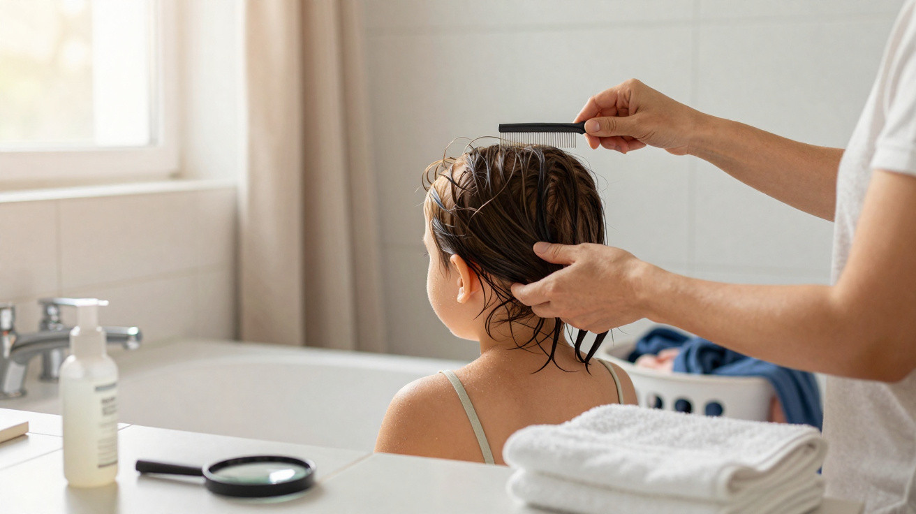 Adulto penteando cabelo molhado de criança sentada em banheiro claro com toalhas brancas na bancada.