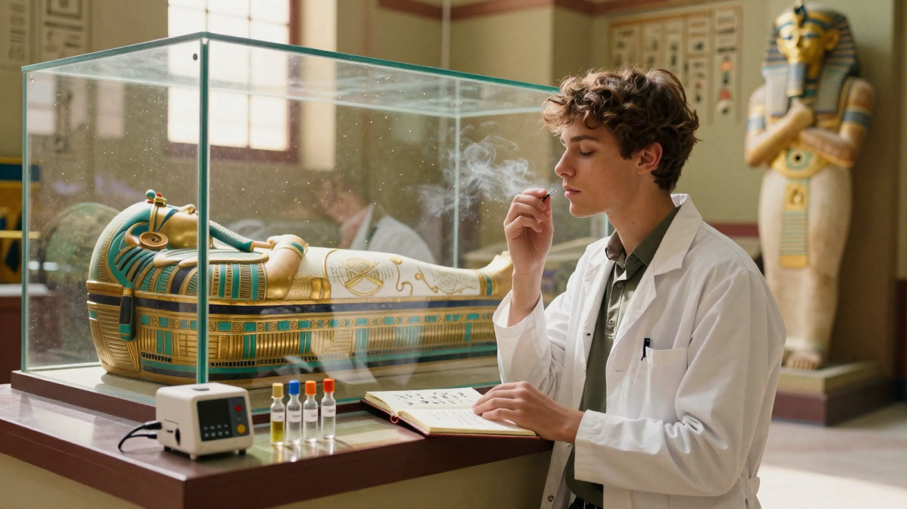 Jovem cientista analisando fumaça ao lado de sarcófago egípcio em museu.