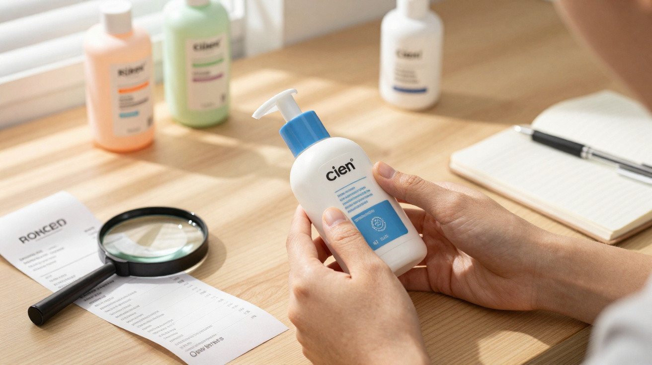 Pessoa segurando frasco de creme hidratante Cien azul em mesa com lupa, papel e outros produtos Cien.