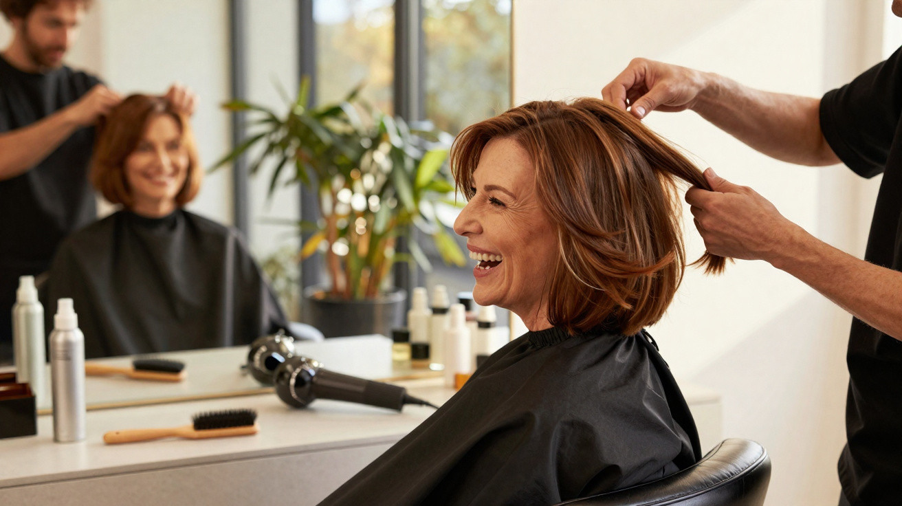 Mulher sorridente recebendo corte de cabelo em salão moderno com espelho e produtos de cabelo ao fundo.