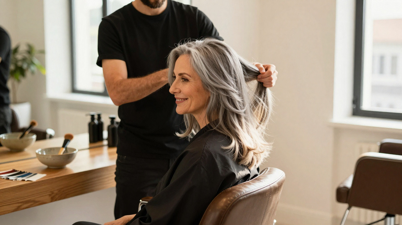 Mulher sorridente com cabelo grisalho sendo arrumado por cabeleireiro em salão moderno iluminado.