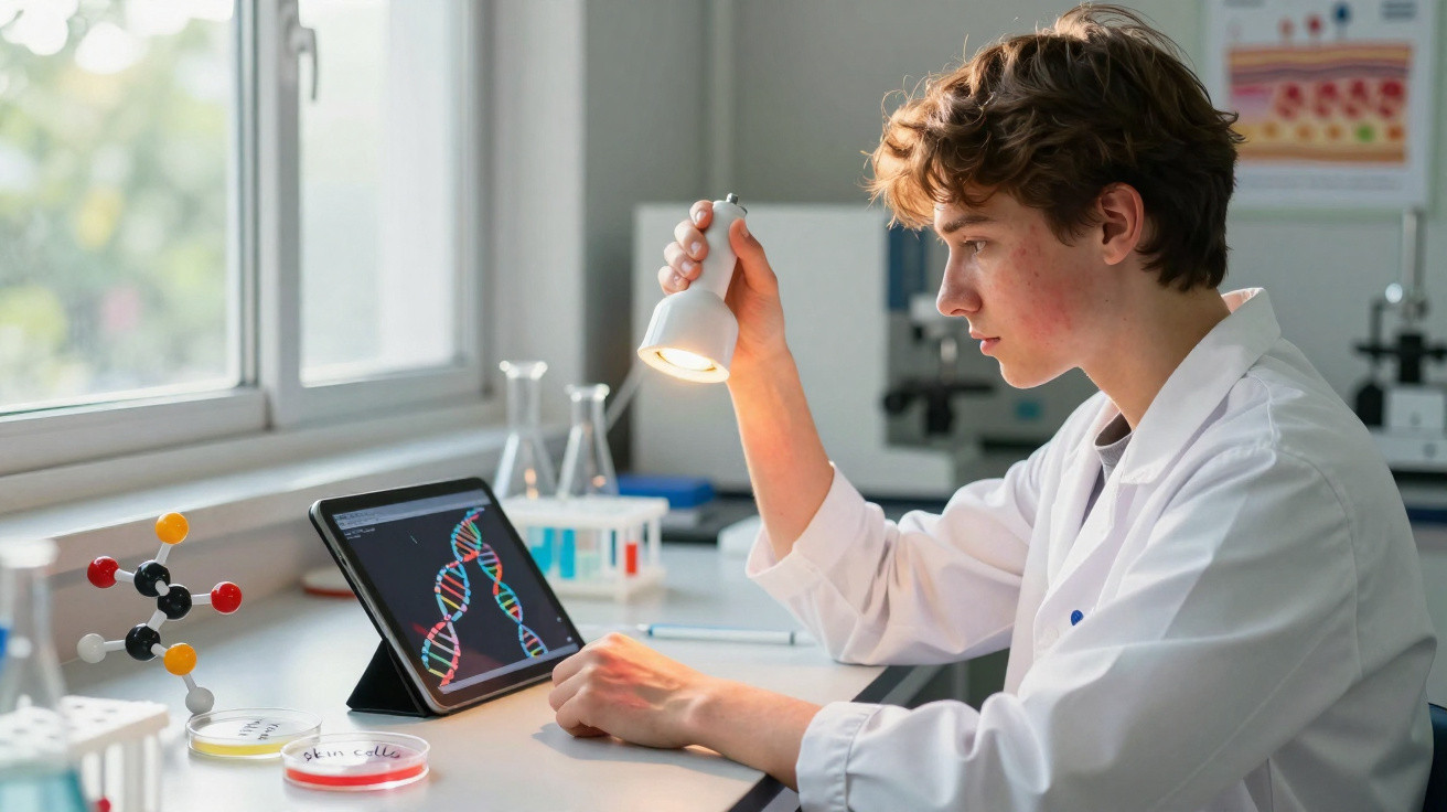 Jovem cientista com jaleco branco analisando modelo de DNA e moléculas em tablet e laboratório iluminado.