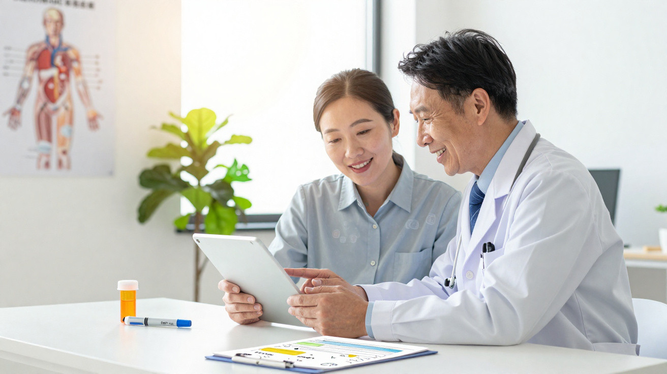 Paciente e médico sorrindo enquanto consultam informações em um tablet em consultório médico.
