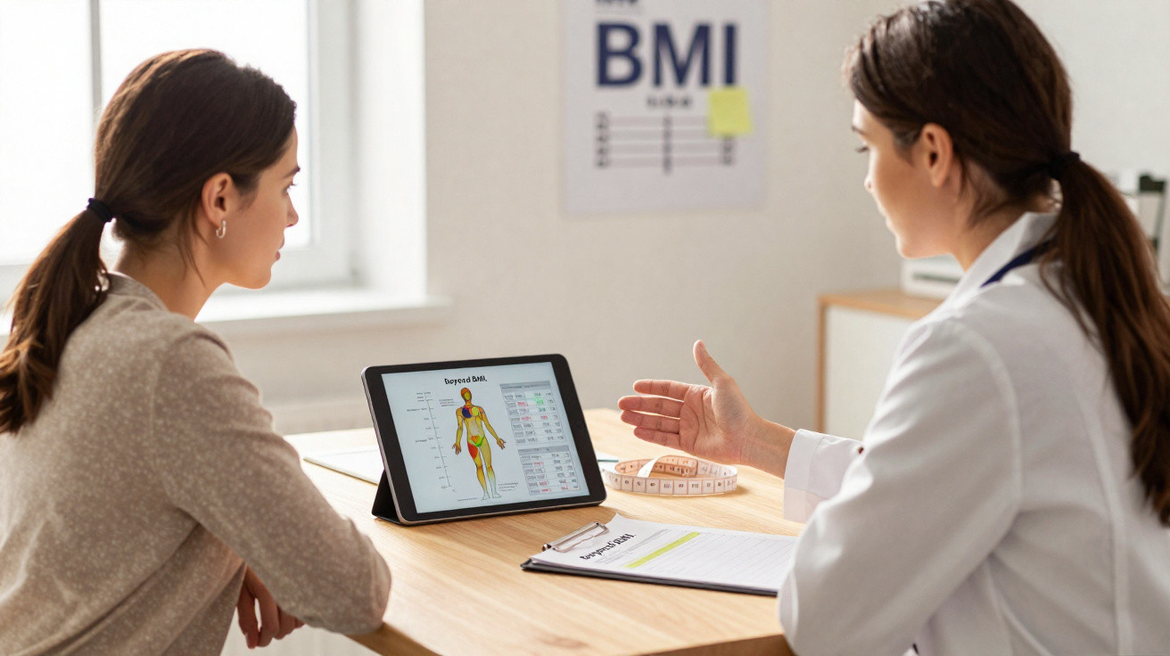 Mulher conversando com médica que mostra no tablet gráfico sobre índice de massa corporal.