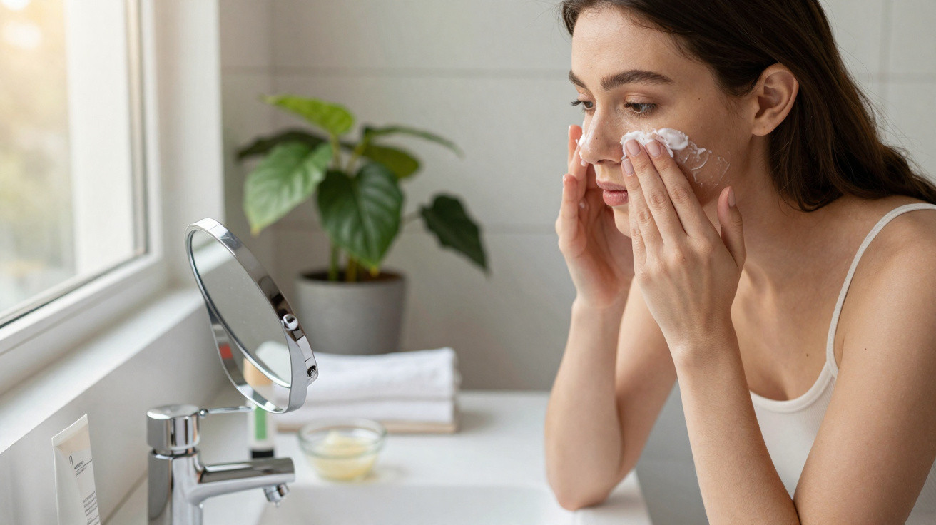 Mulher aplicando creme facial em frente ao espelho no banheiro iluminado pela luz natural.