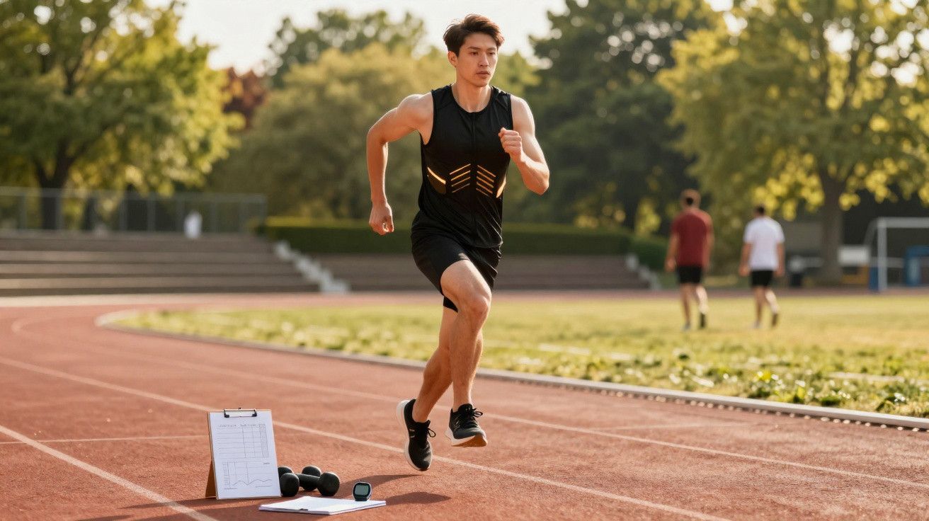 Homem correndo em pista de atletismo ao ar livre com anotações e equipamentos ao lado.