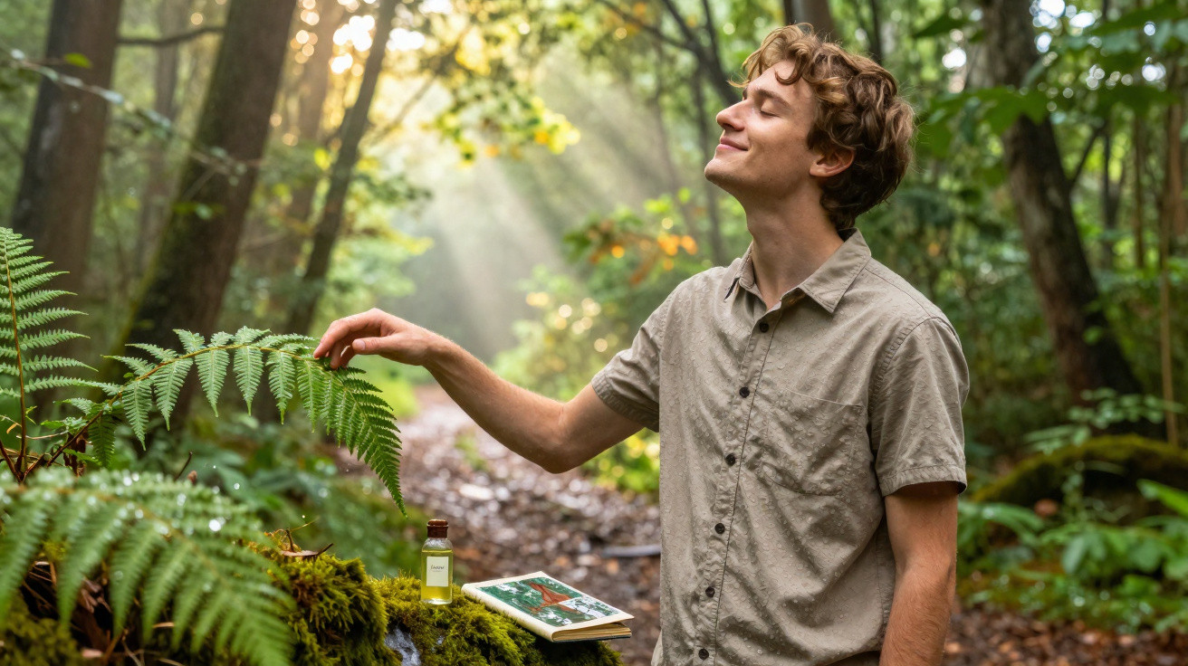Homem aprecia planta na floresta com livro e frasco sobre pedra coberta de musgo.