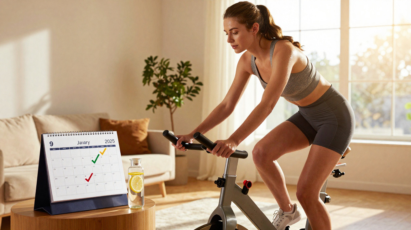Mulher praticando ciclismo indoor em casa ao lado de um calendário e uma garrafa com água e limão.