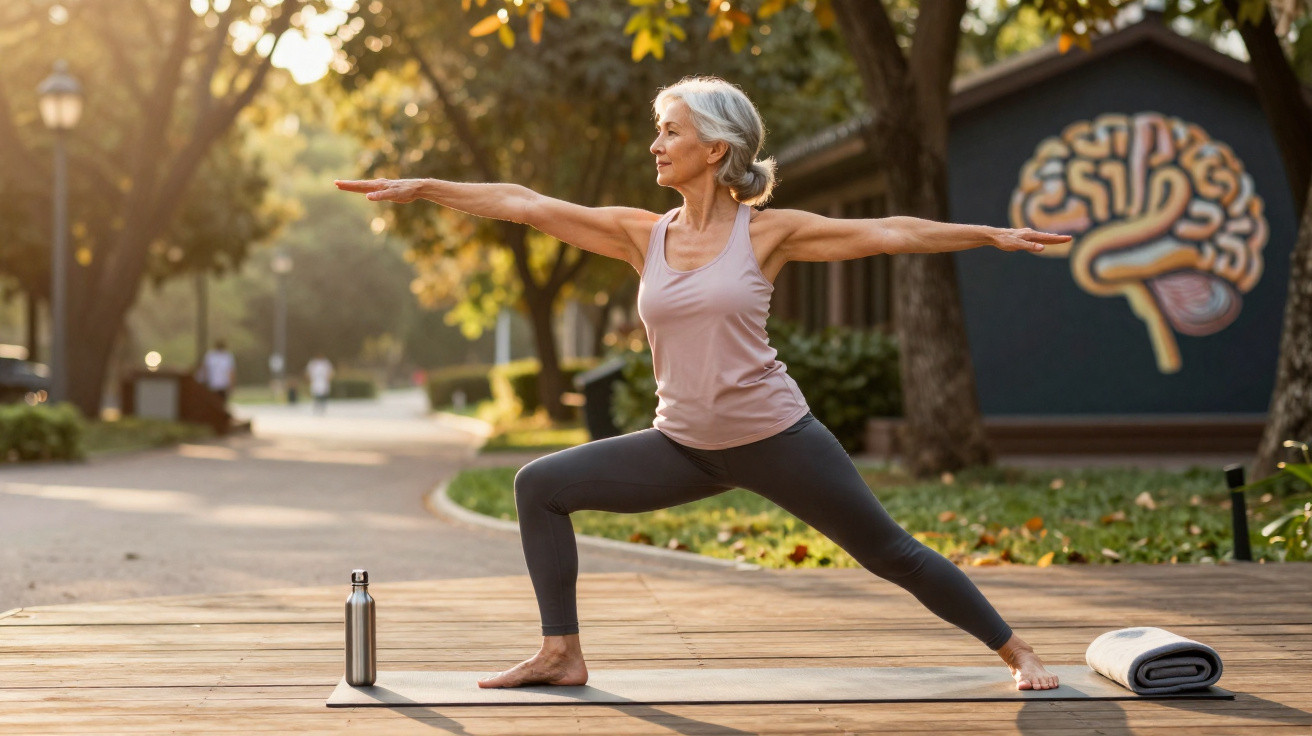 Mulher madura praticando postura de yoga ao ar livre, com garrafa de água e toalha ao lado.