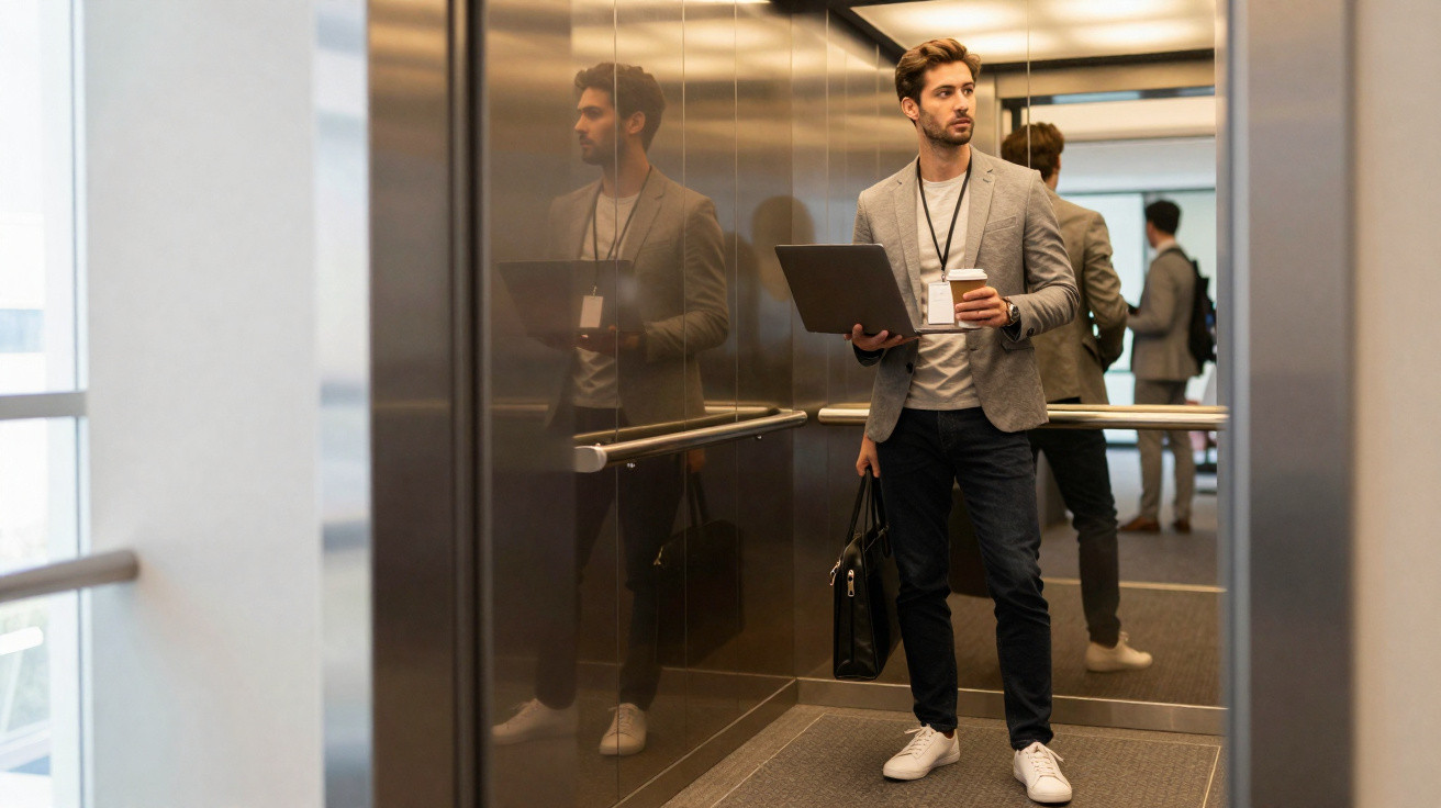 Homem de negócios com laptop e café em um elevador moderno com paredes espelhadas.