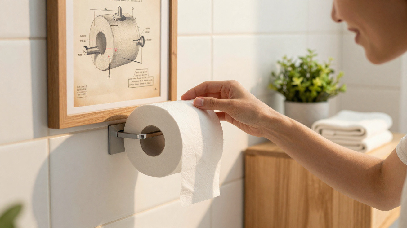 Pessoa puxando papel higiênico branco em suporte de banheiro com quadro explicativo ao fundo.
