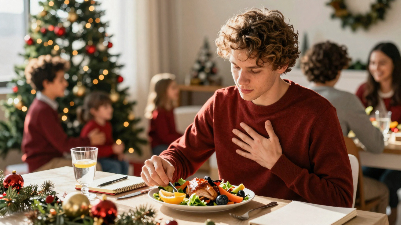 Jovem comendo refeição saudável em almoço de Natal com família ao fundo decorada com árvore e enfeites.