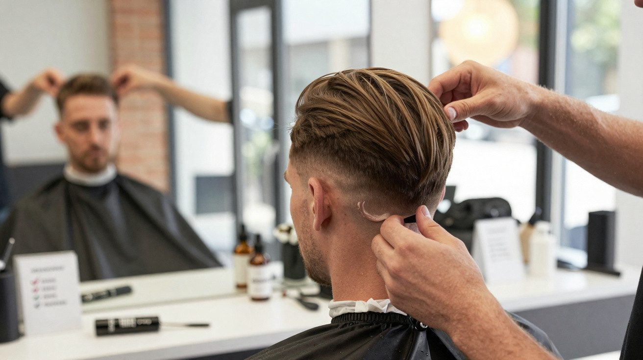 Homem recebendo corte de cabelo em salão moderno com espelho e produtos ao fundo.