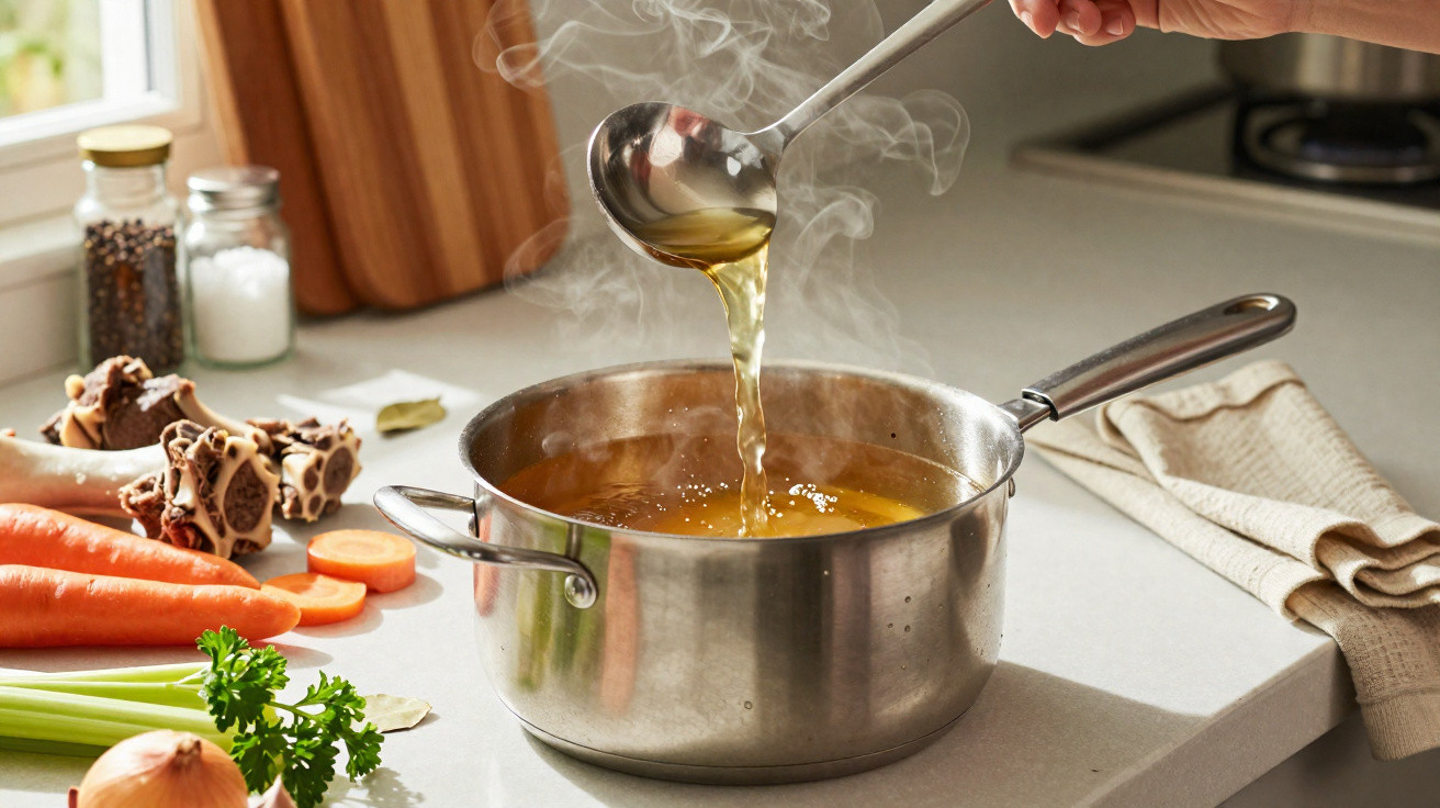 Mão com concha servindo caldo quente de panela de inox com legumes frescos ao lado na bancada da cozinha.