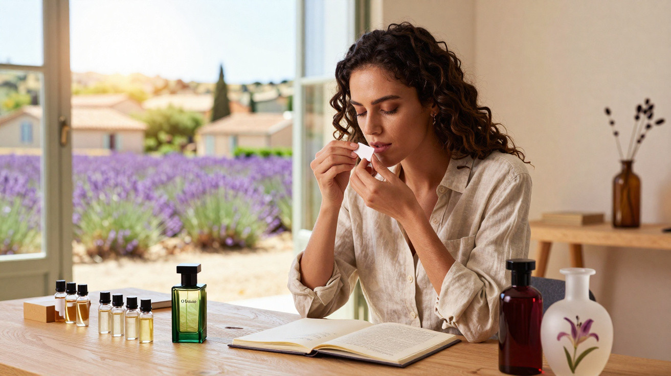Mulher avaliando aroma em tiras de papel, com frascos de perfume e livro sobre mesa em ambiente iluminado.