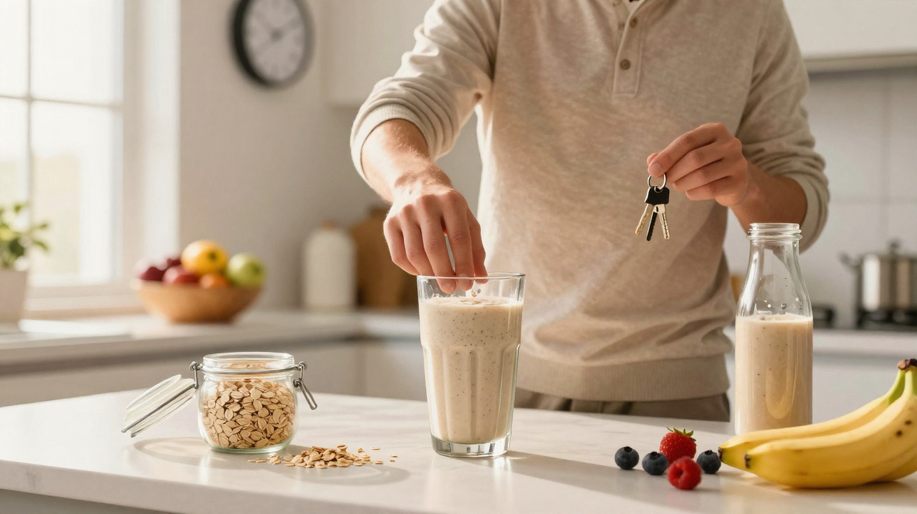 Pessoa preparando smoothie em copo na cozinha, segurando chave, com frutas, pote de aveia e leite ao redor.