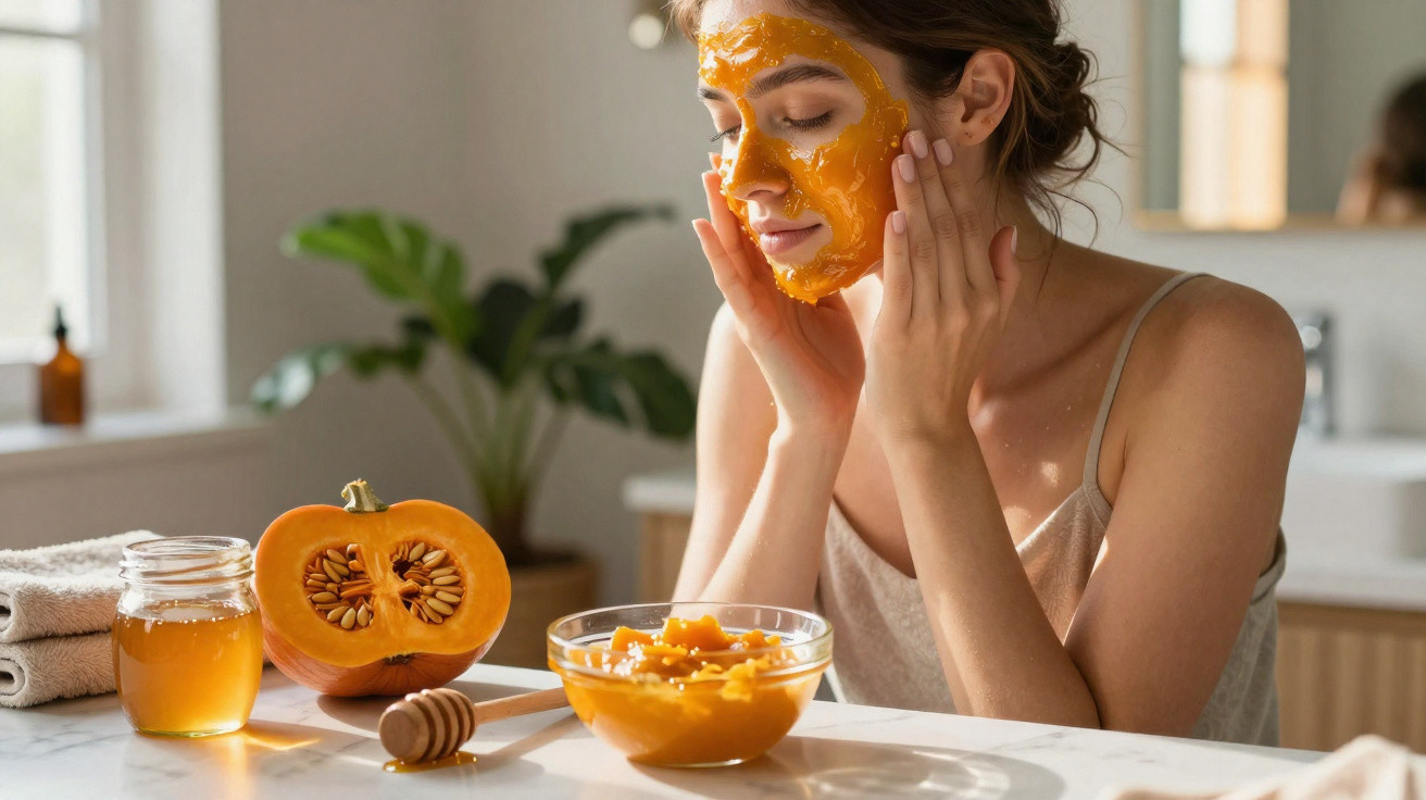 Mulher aplicando máscara facial de abóbora em ambiente claro e aconchegante.