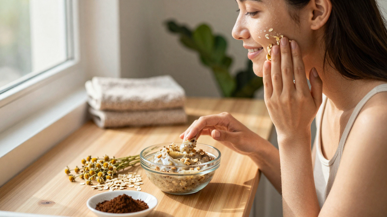 Mulher aplica esfoliante caseiro de aveia no rosto junto a ingredientes naturais sobre mesa de madeira.